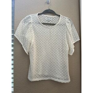 Madewell Texture & Thread Top Medium White Short Sleeve Flutter‎ Sleeve See Thru